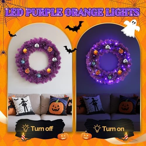 VINGLI 24 Inch Purple Christmas Wreath with Lights, Small Xmas Wreath with 50 Purple and Orange LEDs, 100 PVC Tips, Colorful Balls, Battery Operated for Halloween Easter Christmas Decor - Image 2
