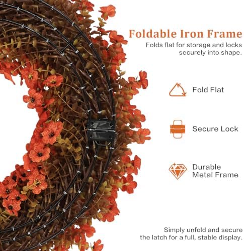 24" Orange Fall Wreath for Front Door, Artificial Mums Autumn Wreath - Image 3