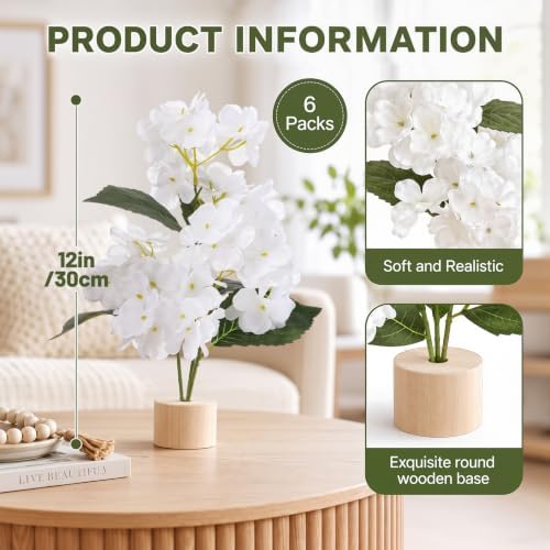 Soulchen 6 Pcs Artificial Hydrangea Branches 12" Tree with Base, Faux Decor - Image 2