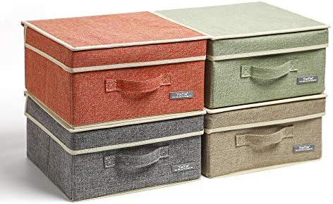 YueYue Fabric Storage Bins with Lids Small 4 Pack, Linen Foldable Storage Box with lids 4 Color Set 12.4in/12in/6.7in by YueYue