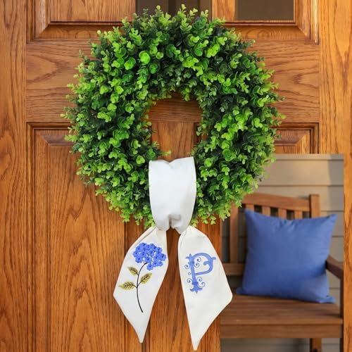 Boxwood Wreath for Front Door Spring Summer Wreaths for Farmhouse,Last Name Initial Year Round Porch Decor,20 inch Geen Door Wreath with Personalized Monogram sash Embroidered Hydrangea and Letter- P by Vofuly