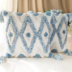 Set of 2 Cotton Woven Boho Throw Pillow Covers, Tufted Decorative Square Pillowcases Covers with Tassels for Couch Sofa Bed, Living Room Sofa, Farmhouse, 20x20 Inch Blue(2 pcs) by MARSAULE