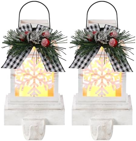 Therwen 2 Pcs Christmas Stocking Holders Lantern, LED, Snowflakes, White by Therwen