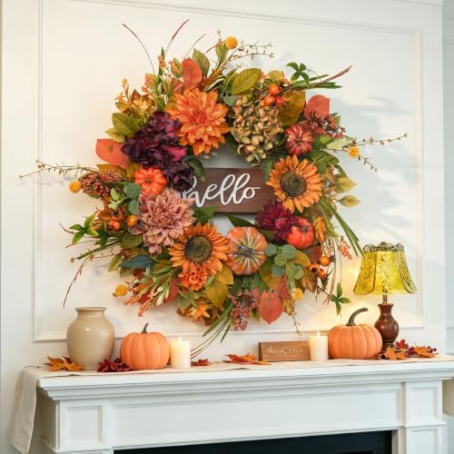 Fall Wreaths for Front Door 24 Inch Autumn Wreath with Sunflowers, Pumpkins - Image 5