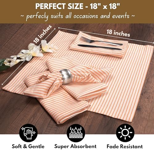 Native Fab Cloth Napkins 18x18 inches, 100% Cotton Vintage Stripped Dinner Napkins, Set of 12, Soft Breathable Absorbent, Machine Washable Cloth Napkins, Orange Beige - Image 3