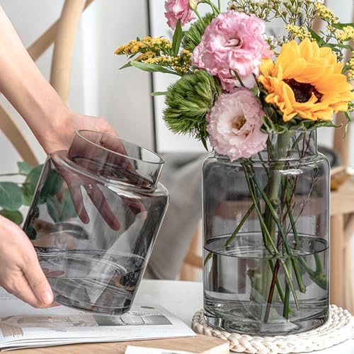 KOIUEYW 9 Inch Tall Vases for Flowers, Large Glass Vase for Centerpieces, Clear Glasses Home Decor Modern Jarrones Decorativos for Wedding Living Room Dining Table (Gray) - Image 2