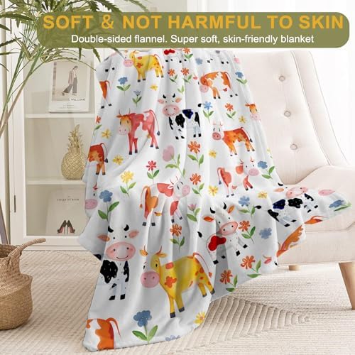 Cartoon Cow Fleece Blanket - Lightweight Soft Cozy Gifts Throw for Animal Lovers, Kids,Women,Cute Cattle Blankets,Cheerful Whimsical Design,Home Room Modern Farmhouse Decor 50x60in - Image 2