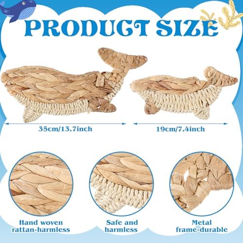 Threehoney 2 Pcs Whale Beach Wall Decor 2 Size Handmade Wicker Whale Nautical Theme Decor Hanging Ocean Coastal Wall Art Sculpture for Boho House Bathroom Bedroom Indoor Outdoor Ornament - Image 3