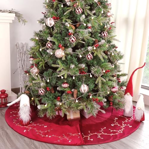 Bunny Chorus Christmas Tree Skirt, 60 inches Classic Large Velvet Fur Plush Red Tree Skirt, Baroque Tree Skirts with Gold Embroidered Pearls and Crystals for Merry Christmas - Image 5