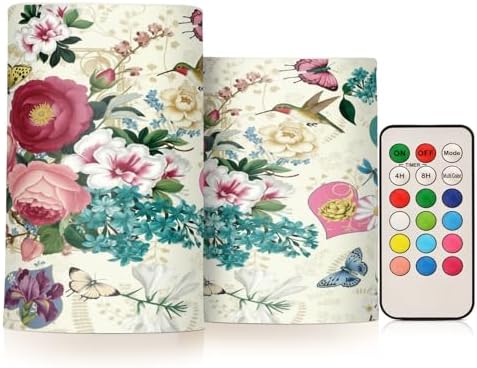 Beautiful Spring Flowers Butterflies Hummingbirds Flickering Flameless Candles Battery Operated with Remote Timer,Tea Light Candles LED Pillar Votive Candles set of 2 for Outdoor Indoor Decorations by ALAZA