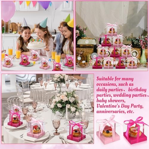 Gerrii 100 Pcs Clear Plastic Individual Cupcake Boxes 3.5" Single Cupcake Containers Transparent Ornament Gift Box with Inserts and Ribbon for Wedding Baby Shower Party Favor(Pink and Hot Pink) - Image 6