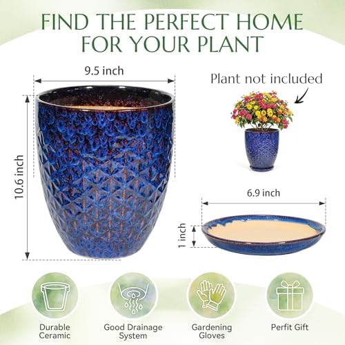 9.5 Inch Flower Pots for Indoor Plants,Ceramic Planter with Saucer Drainage Leak-Proof Mesh Gardening Gloves (Peacock-Blue) - Image 6