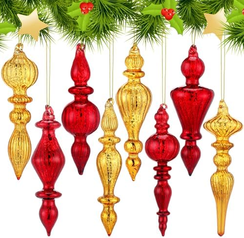 Mifoci 8 Pcs 6 Inch Mercury Glass Finial Christmas Ornaments,Red, Gold by Mifoci