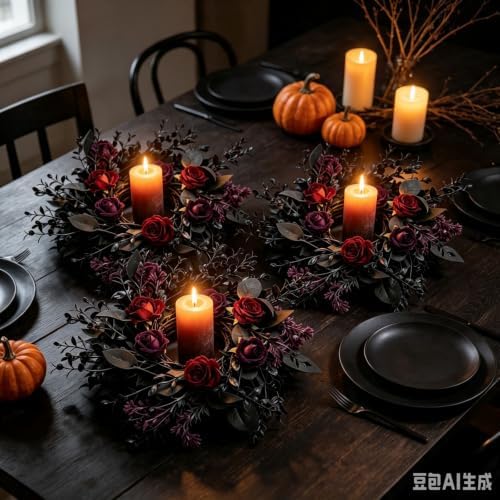 6 Pcs Gothic Black Rose Halloween Mini Candle Ring Wreaths Burgundy Red Dark Purple Rose with Black Foliage Twig Artificial Pillar Candle Holder Wreath for Spooky Dark Romantic Cabinet Table Porch - Image 7