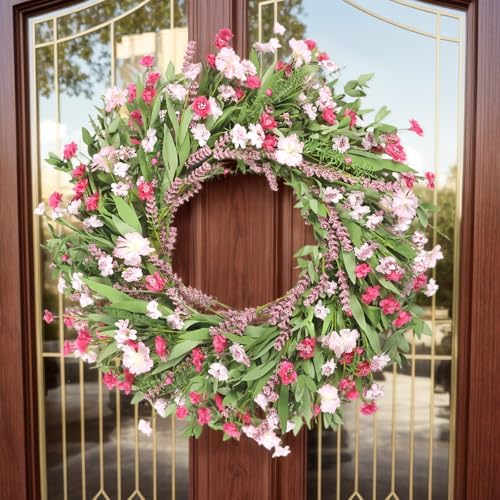 26" Spring Wreaths for Front Door Artificial Floral Wreath with Wildflowers Portulaca CHEAWRTZ Summer Easter Decorations for Indoor Outdoor Window Wall Farmhouse Porch Home Decor Cherry Blossom Pink - Image 2