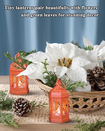 12Pack Mini Lanterns for Ramadan, Halloween, Christmas, Small Lanterns with Flickering LED Candle for Enchanted Forest Wedding, Moroccan Lantern for Table Centerpiece, Medieval Decor, Orange - Image 2