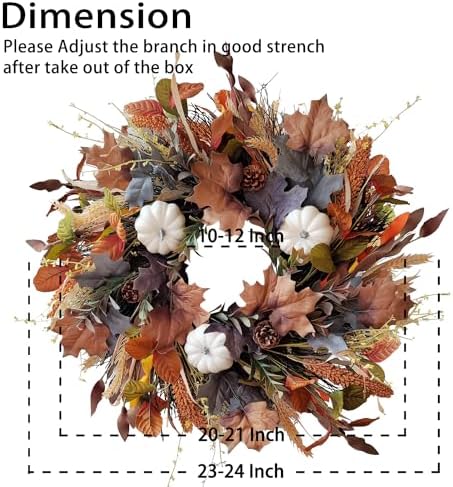 WANNA-CUL 24 Inch Fall Wreath for Front Door with White Pumpkins,Grains, Maple Leaves-Fall Decoration for Home-Large Fall Decor Door Wreath for Autumn,Harvest or Halloween - Image 2