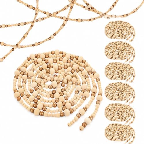 6 Pcs Christmas Tree Wood Bead Garland, 18 ft Each, Gold Wood Color by Loetere