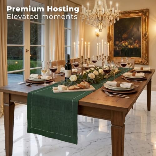 Signature Linen™ by D'Moksha, Forest Green Chambray Table Runner 144 Inches Long, 100% Pure Linen, Hemstitch, Extra Long Table Runner, 14 x 144 Inch for Dining- Fall, Weddings, Outdoor Hosting - Image 2