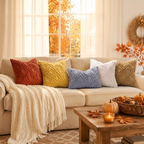 decorUhome Faux Fur Mustard Yellow Throw Pillow Covers 26x26 Set of 2 - Image 2