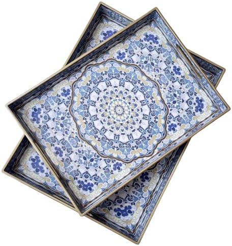 Boho Decorative Tray, Modern Blue Serving Tray with Handles, Ottoman Trays Set of 2, Plastic Coffee Table Tray for Living Room, Bathroom, Kitchen, Decor, Large 15.7”*11.8”, Small 13.7"*9.8" by Umisriro