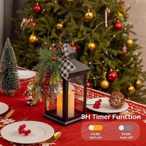 Christmas Decorative Lantern with LED Candle – Black Lantern with Pinecones, Black Bow – Battery Operated Christmas Table Centerpiece for Indoor Decor(1pack) - Image 4