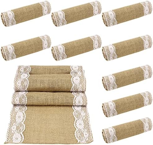 JOIKIT 10 Pack 12 x 108 inch Burlap Lace Table Runner, Rustic Natural Jute Wedding Table Runner Decoration with White Lace for Country Wedding Party Dinner Thanksgiving Christmas by JOIKIT