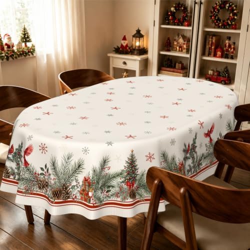 Oval Christmas Tablecloth 60x120 Inch, Cardinal Birds Christmas Table Cloth, Polyester Waterproof Wrinkle Resistant Xmas Table Cover for Holidays Kitchen Dinning Table Home Decor - Image 2