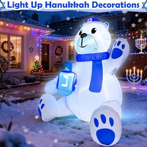 4 FT Hanukkah Inflatable Decorations, Large Sitting Polar Bear Holding Dreidel with 3 LED Lights - Blow Up Chanukah Yard Decor for Outdoor Lawn Garden Home Holiday Party​ - Image 6