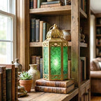 Vela Lanterns 12" Metal Moroccan Decorative Candle Lantern Holders for Hanging or Table, Indoor Home Decor, Outdoor Patio or Porch, Weddings, Gold, Green Glass, Large - Image 5