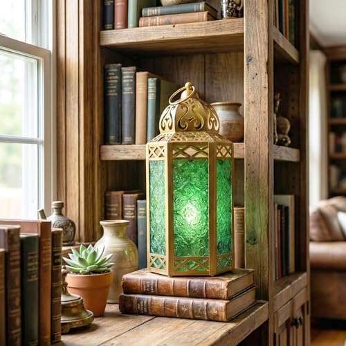 Vela Lanterns 12" Metal Moroccan Decorative Candle Lantern Holders for Hanging or Table, Indoor Home Decor, Outdoor Patio or Porch, Weddings, Gold, Green Glass, Large - Image 5