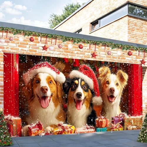 Dogs Garage Door Banner 16x7 Ft - Puppies in Santa Hats with Gifts for Double Car Garage Decor - Image 6