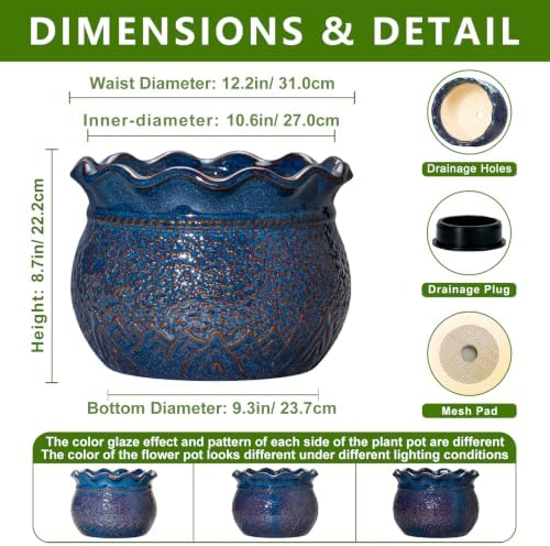 12 Inch Plant Pot, Ceramic Flower Pots Indoor, Retro Blue - Image 2