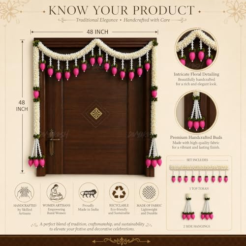 Divyakosh Artificial Flower Door Toran Set, Bandarwal with Lotus Hangings (48 Inch) | Main Door Hanging Decor for Diwali, Wedding, Pooja | Indian Festive Home Entrance Decoration White Pink | - Image 4