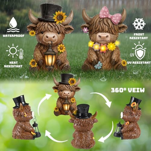 Retisee 2 Pcs Solar Highland Cow Garden Statue LED Light Resin Outdoor - Image 4