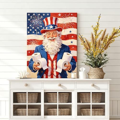Funny Patriotic Uncle Sam Canvas Wall Art 4th of July USA Flag Fireworks Oil Painting Humorous Toilet Paper American Flag Wall Decor Independence Day Bathroom Home Decor 16x24in - Image 6