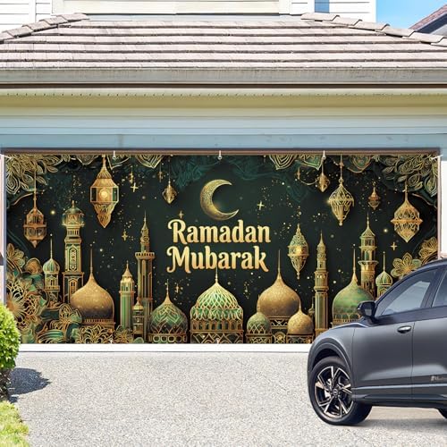 Ramadan Mubarak Garage Door Banner 7x16FT, Islamic Crescent Moon & Lanterns Design, Outdoor Decoration for Ramadan and Eid Celebrations - Image 2