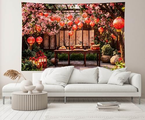 8x6ft Chinese New Year Backdrop for Photography Red Lantern Garden Altar Background for Lunar New Year Spring Festival Oriental Theme Event Decor Photo Studio Props - Image 4