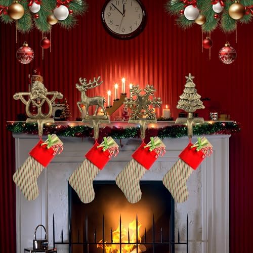 OCTERIC 4Pcs Stocking Holders, Reindeer Santa Snowflake Christmas Tree Metal Mantel Hooks, Anti-Slip Heavy Duty Solid Cast Iron Mantle Hangers Xmas Décor for Fireplace Holiday Indoor Decoration - Image 4