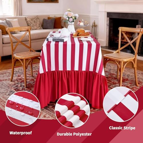 Ruffle Table Cloth Red and White Striped Tablecloth - 80 x 120 Inch Waterproof Tablecloths Rectangle Polyester Red Striped Table Cover for Birthday Wedding Picnic Baby Shower Holiday Party Decoration - Image 5
