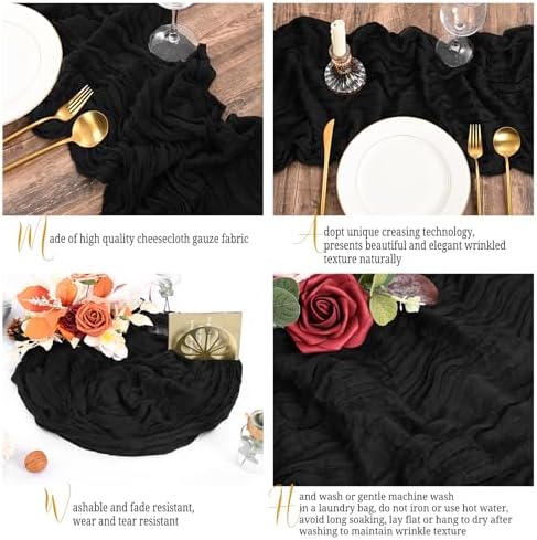 16 Pack Black Table Runner 10FT Cheesecloth Table Runner Boho Gauze Table Runners Long Rustic Sheer Fabric Table Runners for Wedding Party Bridal Shower Farmhouse & Home Decor - Image 3