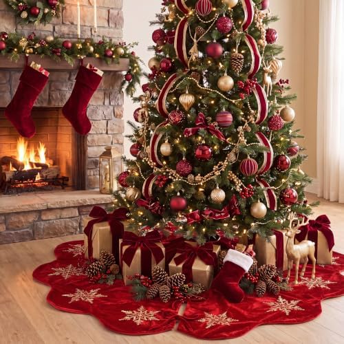Hollowfly Red Velvet Christmas Tree Skirt with Sequin Snowflake 48'' - Image 5