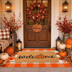 2 Pcs Fall Door Mat, Layered Pumpkin Welcome Coir Doormat with Orange and White Buffalo Plaid Mats, 30"x18" Front Doormat with Non-Slip TPR Backing, Farmhouse Autumn Porch Decor for Entryway Patio - Image 3