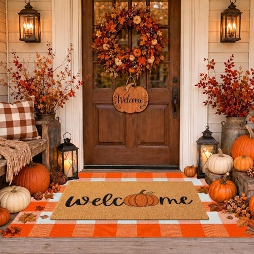 2 Pcs Fall Door Mat, Layered Pumpkin Welcome Coir Doormat with Orange and White Buffalo Plaid Mats, 30"x18" Front Doormat with Non-Slip TPR Backing, Farmhouse Autumn Porch Decor for Entryway Patio - Image 3