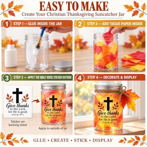 Cinrobiye 24 Sets Fall Thanksgiving Mason Jar Suncatcher Craft Kit, Christian DIY Window Art with Bible Verse Cross Stickers, Maple Leaves and Tissue Paper for Church Family Activities - Image 3