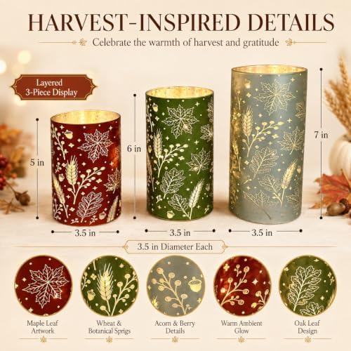 Wind Shear Fall Harvest Glass Lanterns Set of 3, Autumn Lighted Table Decor - Image 5