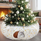 Cat Tunnel Christmas Tree Skirt, Cat Tunnel Bed with Hanging Toy Ball, Foldable Plush Cats Cave Donut Tunnel Christmas Decorations, Kitty Tunnel for Indoor Kitten Rabbit Puppy, White Gilded by CORALMEE