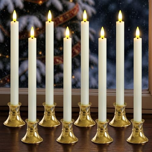 Flameless Taper Candles with Gold Holders & Sensor Dusk to Down by Mavandes