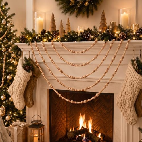 6 Pcs Christmas Tree Wood Bead Garland, 18 ft Each, Gold Wood Color - Image 4
