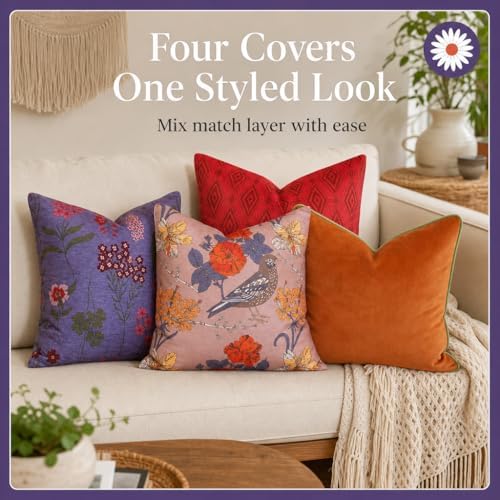 Embroidered Bold Patterned Throw Pillow Covers, 4 Pack Set, 18x18 Inch Floral Printed Modern Accent Pillow Covers - Image 6